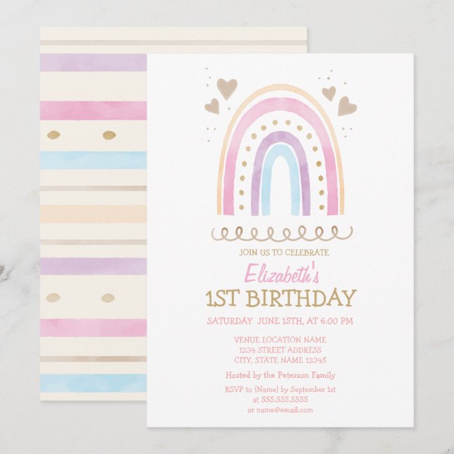 Invitation Cœurs Arc-en-ciel Aquarelle Rayures Anniversaire (Devant / Derrière)