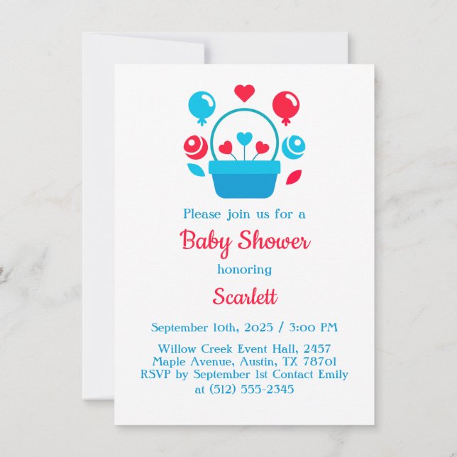 Invitation Coeurs, ballons et corbeille cardiaque (Dos)