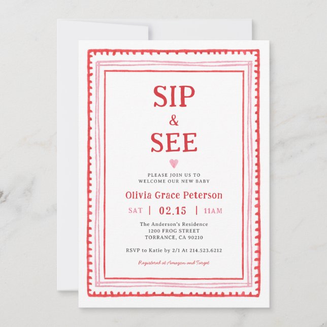 Invitation Coeurs bébé fille Sip et voir Bienvenue bébé (Devant)