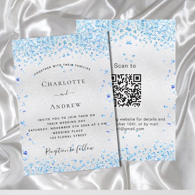 Invitation Coeurs bleu argent QR code RSVP mariage de luxe (Créateur téléchargé)