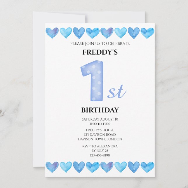 Invitation Cœurs bleus d'amour 1er anniversaire Photo (Devant)