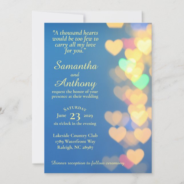 Invitation Coeurs brillants sur Blue Elegant Wedding Invitati (Devant)