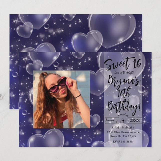 Invitation Cœurs Bulles Bleus Anniversaire Fille Mignon 90's (Devant / Derrière)