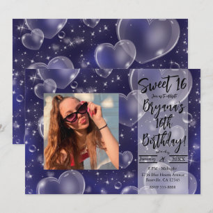 Invitation Cœurs Bulles Bleus Anniversaire Fille Mignon 90's