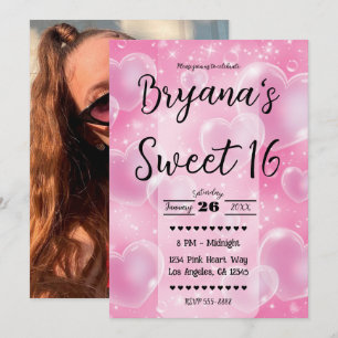 Invitation Cœurs Bulles Rose Fille Mignonne Anniversaire 90's