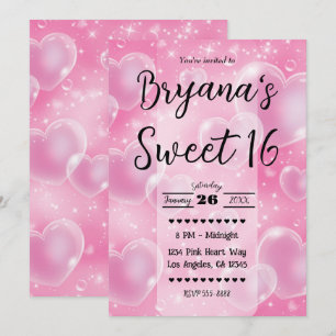 Invitation Cœurs Bulles Roses Fille Mignonne Anniversaire 90