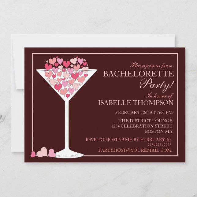 Invitation Coeurs Champagne Martini Bachelorette Party (Devant)