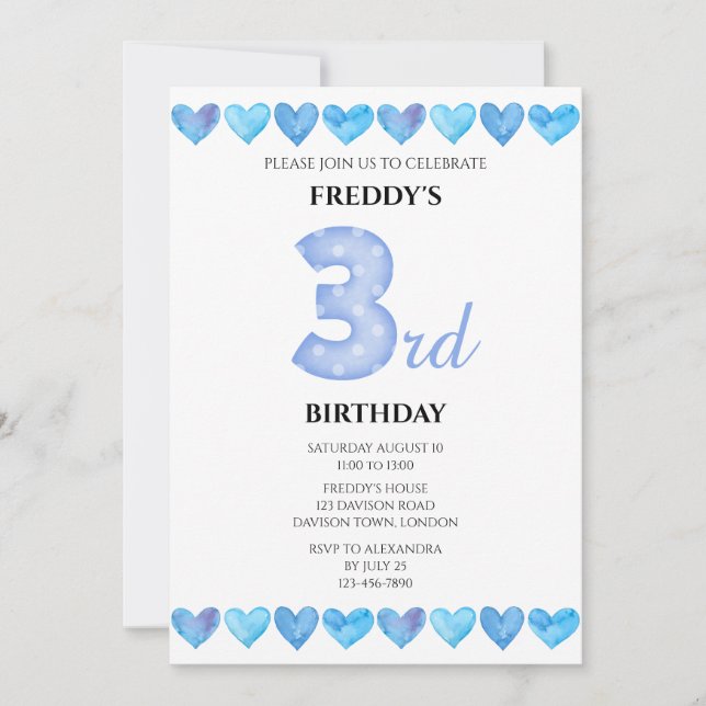 Invitation Cœurs d'amour bleus Photo de 3e anniversaire (Devant)