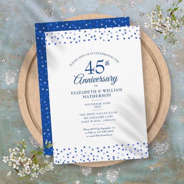 Invitation Cœurs d'amour bleus saphir 45e 65e Anniversaire (45th 65th Anniversary Sapphire Blue Love Hearts Invitation)