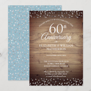 Invitation Cœurs d'amour confettis en bois rustique 60e anniv