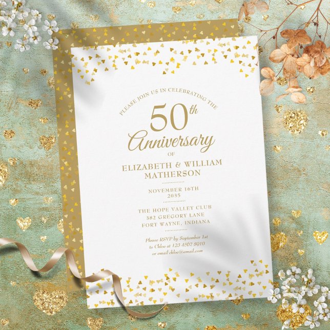 Invitation Cœurs d'amour dorés pour 50e anniversaire (50th Anniversary Golden Love Hearts Invitation)