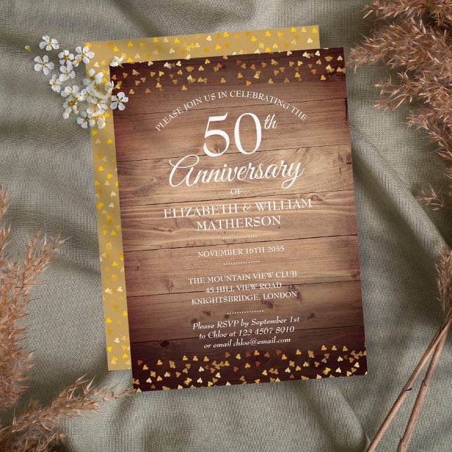 Invitation Cœurs d'amour en or pour 50e anniversaire sur bois (Créateur téléchargé)