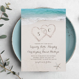 Invitation Coeurs dans le sable destination mariage plage