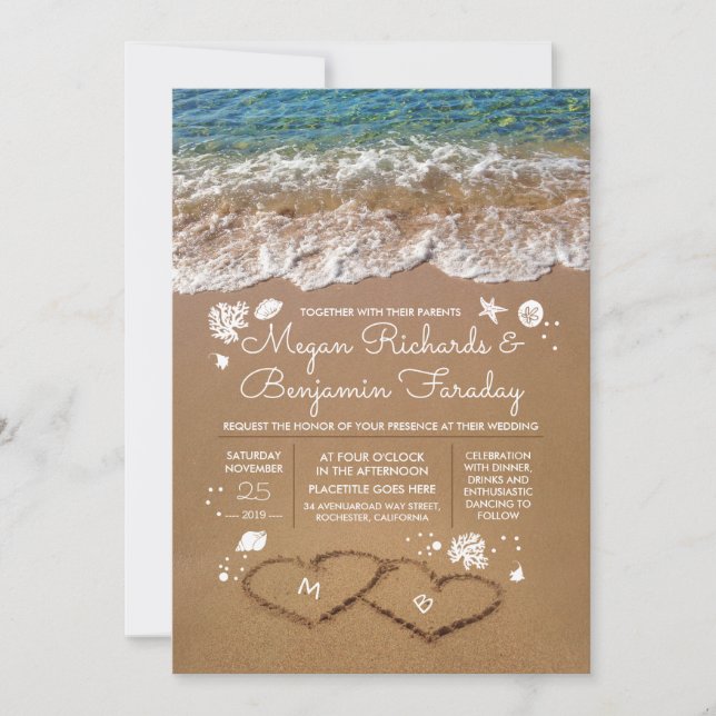 Invitation Coeurs dans le sable Summer Beach Mariage (Devant)