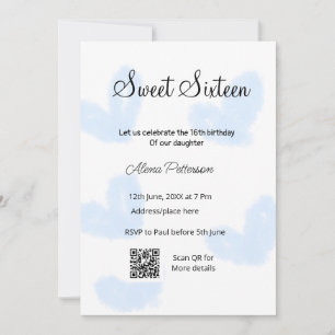 Invitation Coeurs d'aquarelle bleu QR Sweet sixteen anniversa