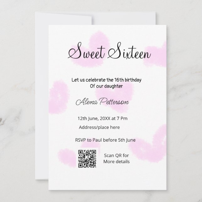 Invitation Coeurs d'aquarelle rose QR Sweet sixteen anniversa (Devant)