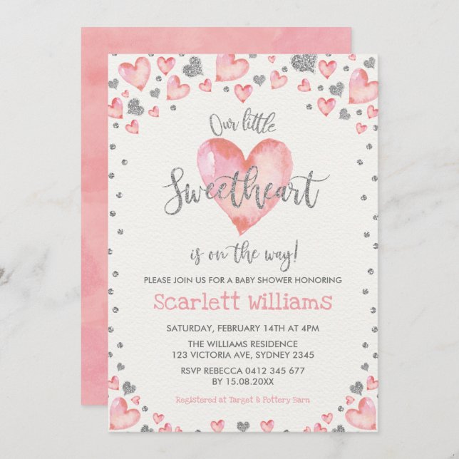 Invitation Coeurs d'argent rose Baby shower amoureux fille (Devant / Derrière)