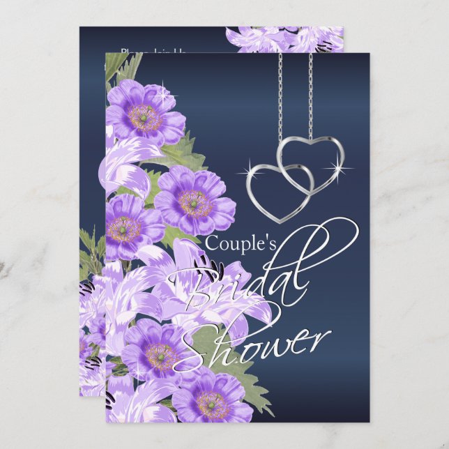 Invitation Coeurs d'argent sur Lavender & Navy Satin (Devant / Derrière)