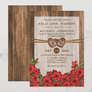 Invitation Coeurs de bois monogramme avec napperons rouges