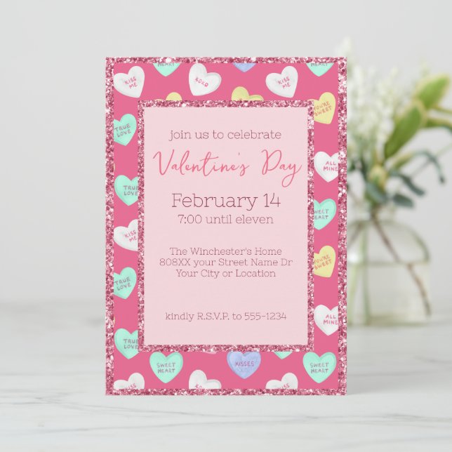Invitation Cœurs de bonbons rétro de la Saint-Valentin sur fo (Debout devant)