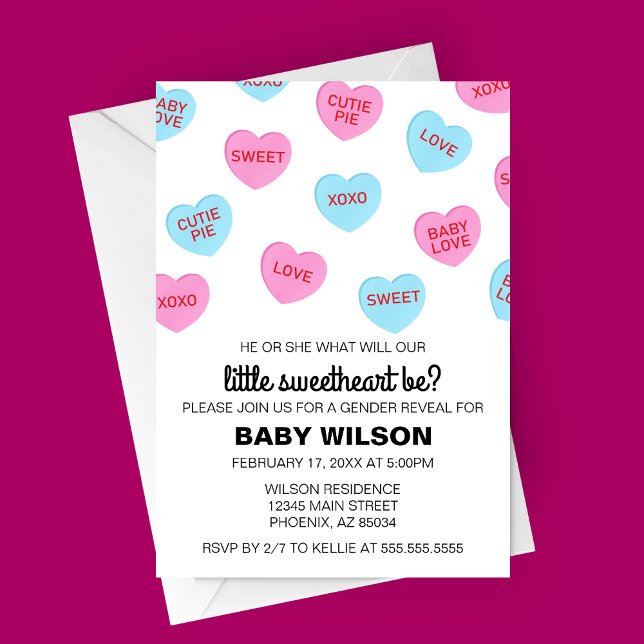 Invitation Coeurs de bonbons rose et bleu Valentine Révélatio (Candy Hearts Valentine's Day Gender Reveal Party Invitation)