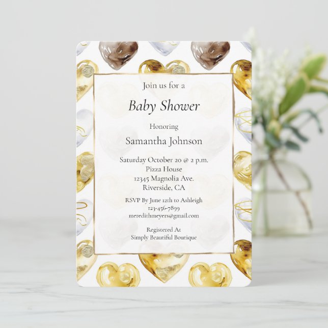 Invitation Cœurs de chocolat blanc doré Baby Shower (Debout devant)