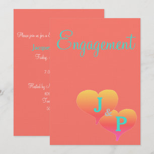 Invitation Cœurs de coucher de soleil Corail Turquoise Monogr