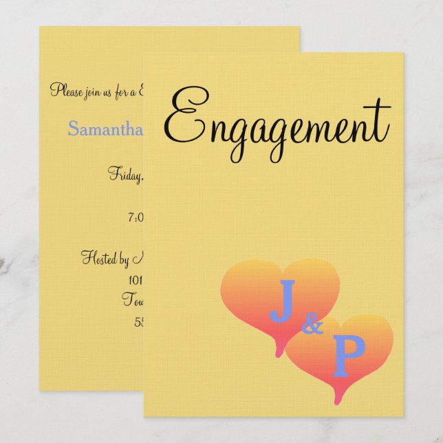 Invitation Cœurs de coucher de soleil jaune bleu Monogramme E (Devant / Derrière)
