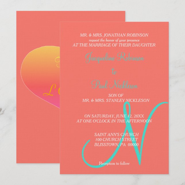 Invitation Cœurs de coucher de soleil Monogramme Corail Turqu (Devant / Derrière)