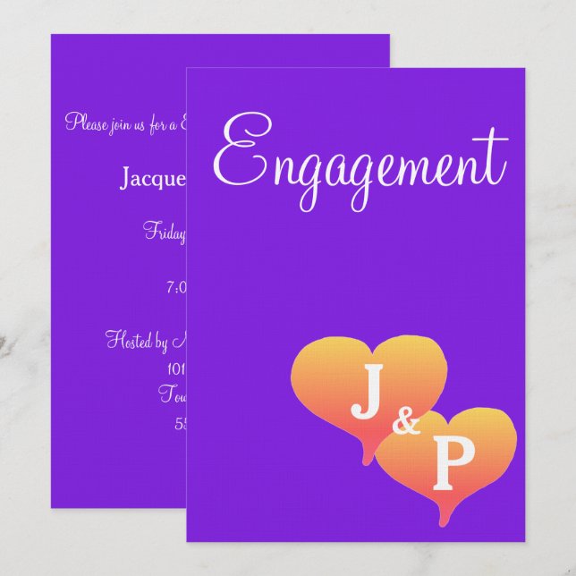 Invitation Cœurs de coucher de soleil Monogramme Violet Engag (Devant / Derrière)