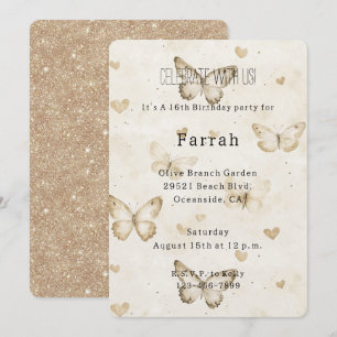 Invitation Cœurs de crème Papillons Paillettes dorées Anniver