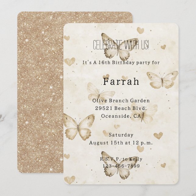 Invitation Cœurs de crème Papillons Paillettes dorées Anniver (Devant / Derrière)