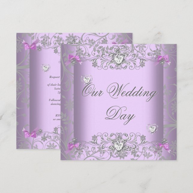 Invitation Cœurs de diamant argent mariage damassé lilas (Devant / Derrière)