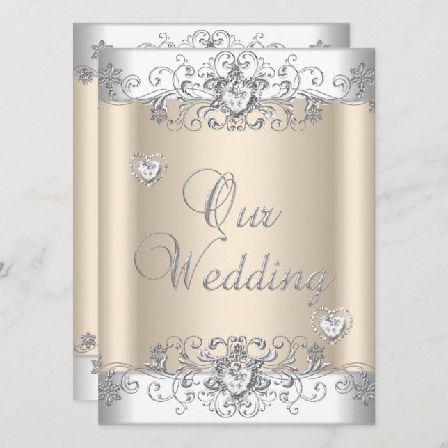 Invitation Cœurs de diamant blanc argenté de mariage crème (Devant / Derrière)