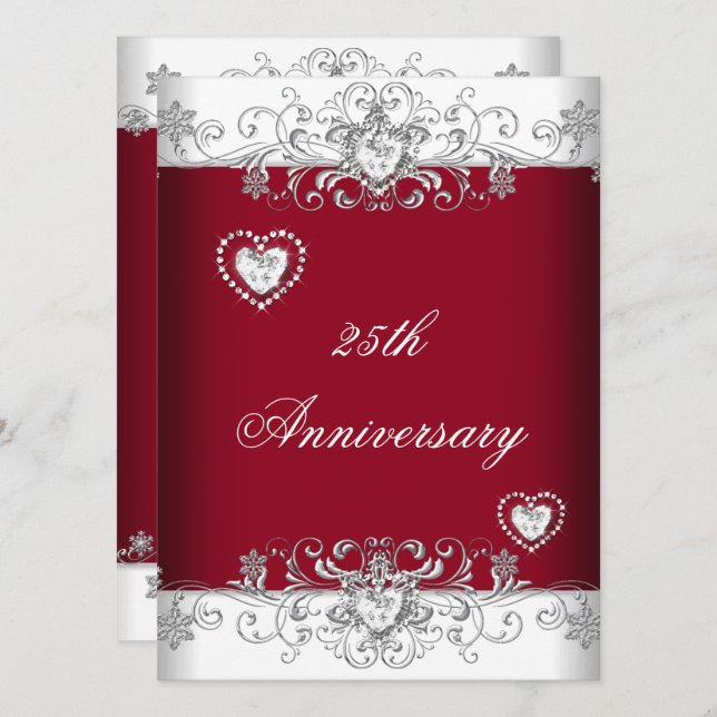 Invitation Cœurs de diamant pour les 25 ans de mariage en bor (Devant / Derrière)
