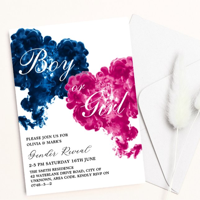 Invitation Coeurs de fumée rose et bleu Bébé Genre Révélation (Créateur téléchargé)
