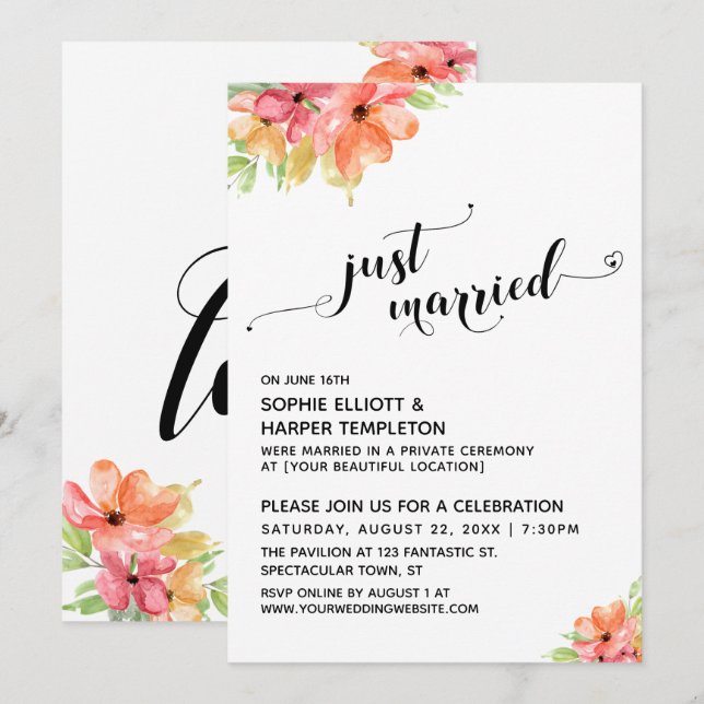 Invitation Cœurs de jeunes mariés Script Fleurs aquarelle (Devant / Derrière)