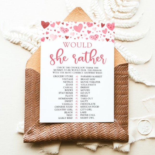 Invitation Cœurs de la Saint-Valentin Préfèrerait-Elle Jeu de (Watercolor Cute Pink Red Hearts Valentine A Little Sweetheart Girl Would She Rather Baby Shower Game)
