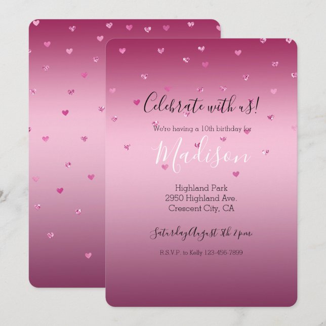 Invitation Coeurs de Parties scintillant en verre rose (Devant / Derrière)