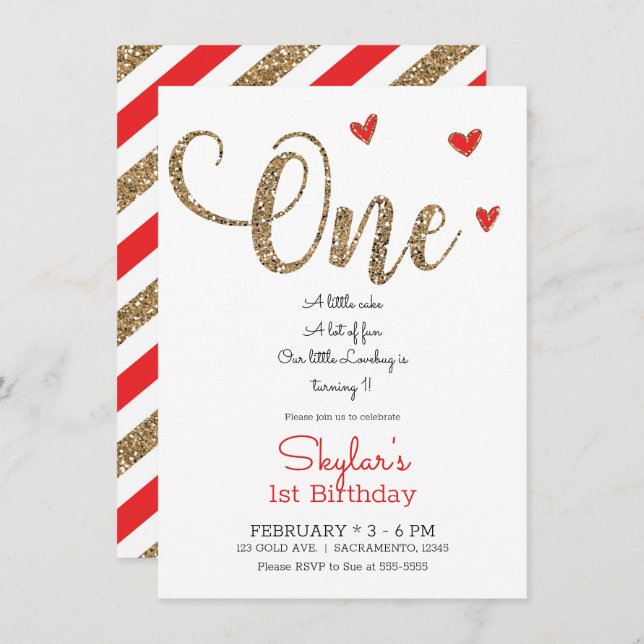 Invitation Coeurs de Parties scintillant rouge et or 1er 1 An (Devant / Derrière)