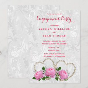 Invitation Cœurs de perle et roses Engagement Damassé
