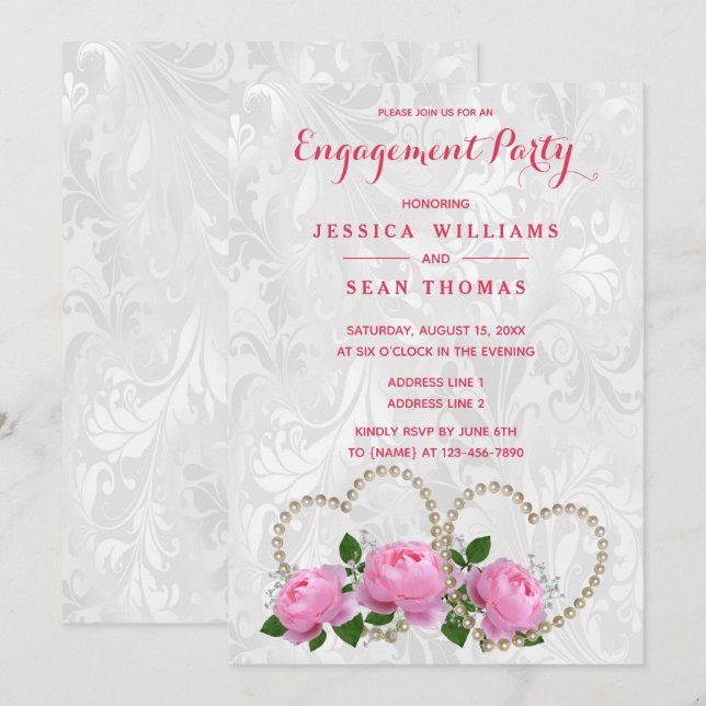 Invitation Cœurs de perle et roses Engagement Damassé (Devant / Derrière)