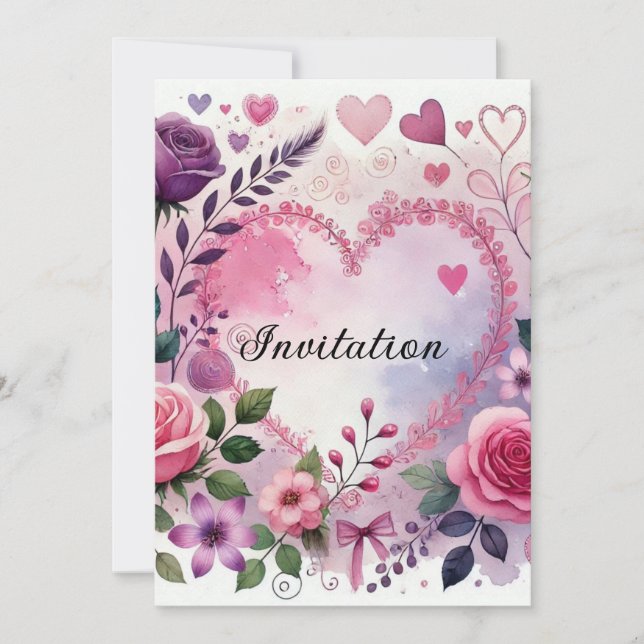 Invitation Cœurs de roses valentin floral pastel aquarelle (Devant)