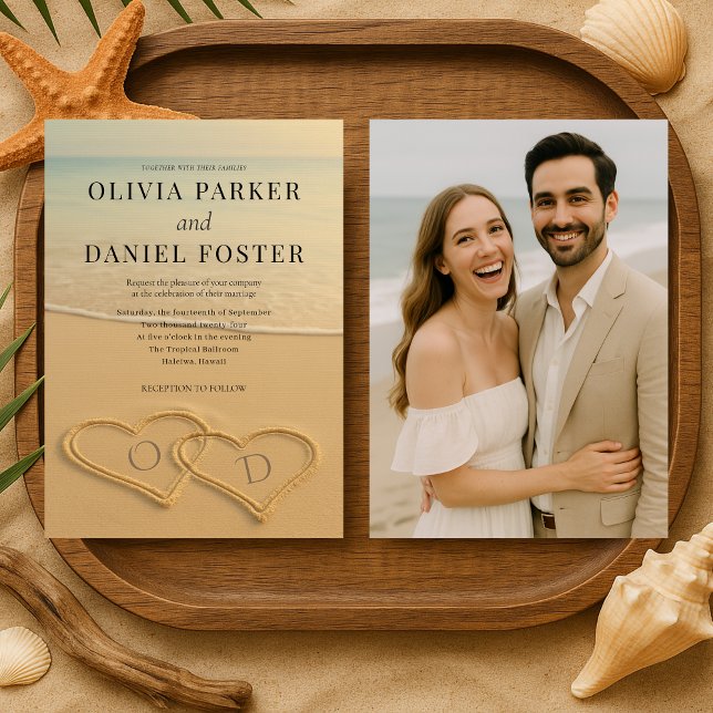 Invitation Cœurs de sable de plage Photo de mariage tropical  (Créateur téléchargé)