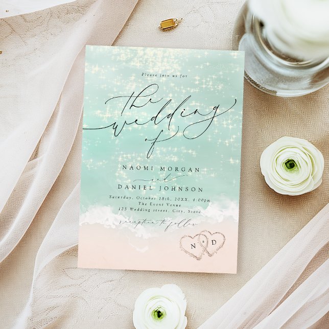 Invitation Coeurs De Script Moderne Dans Le Mariage De La Pla (Modern Script Hearts In The Sand Beach Wedding Invitation)