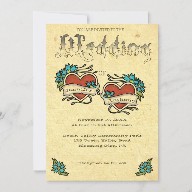 Invitation Coeurs de tatouage et Mariage de tatouage (Devant)