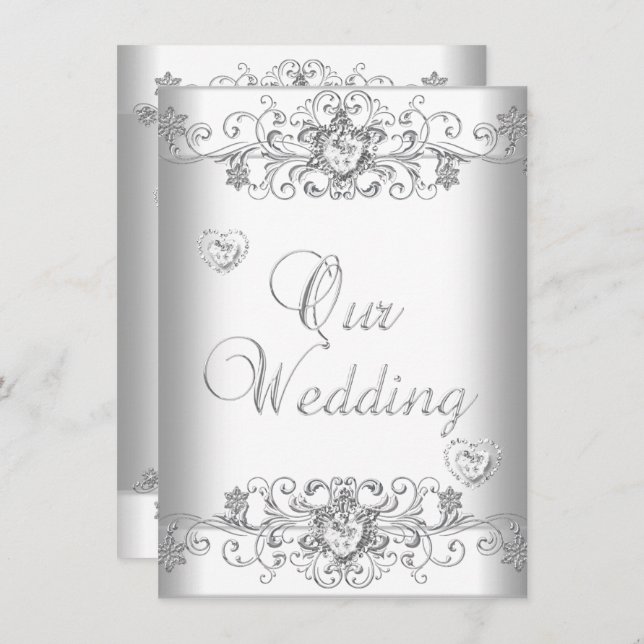 Invitation Coeurs diamant argent pur Mariage blanc (Devant / Derrière)