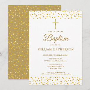 Invitation Coeurs d'or élégant Baptême Christening