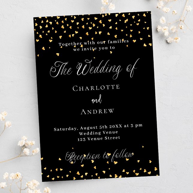 Invitation Coeurs d'or noir mariage élégant script luxe (Créateur téléchargé)