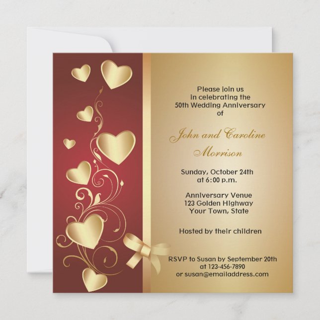 Invitation Cœurs d'or pour 50e anniversaire (Devant)